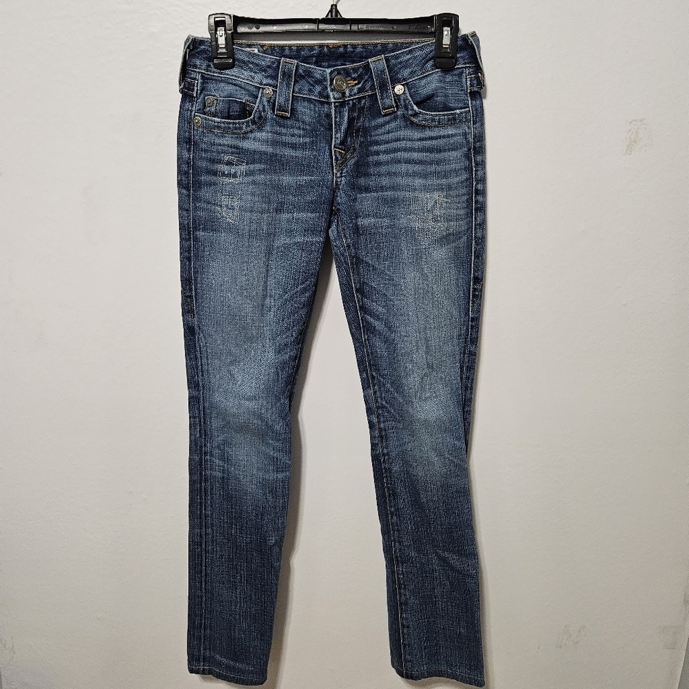True Religion Women's Johnny Jeans Slim Straight Leg Dark Blue Sz 25 Y2k Vtg B16